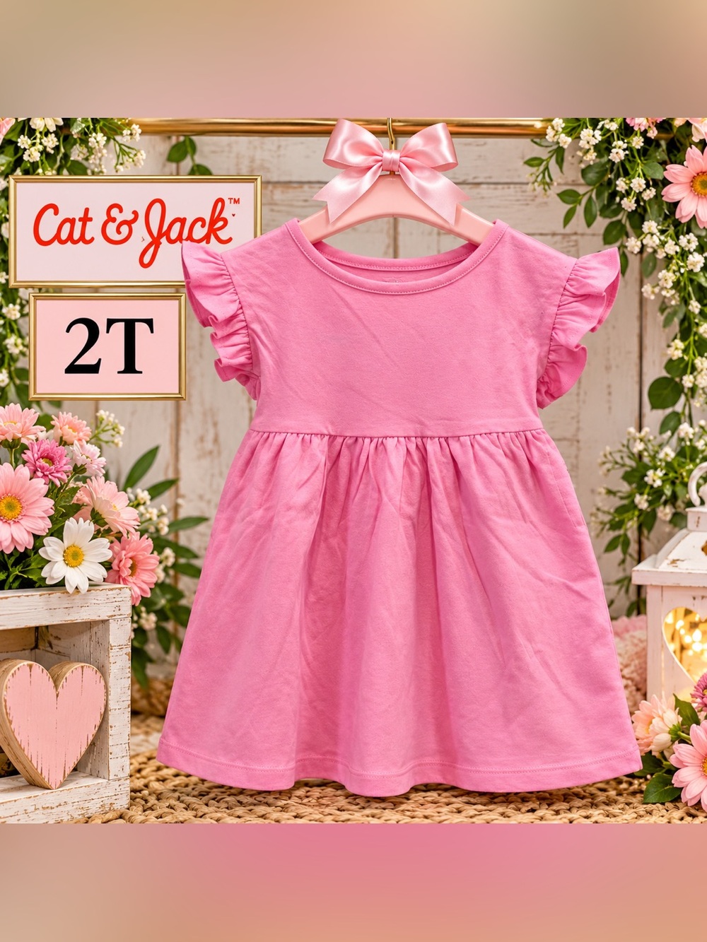 Cat & Jack Toddler Girls Pink Ruffle Sleeve Dress With Pockets Size 2T NWT